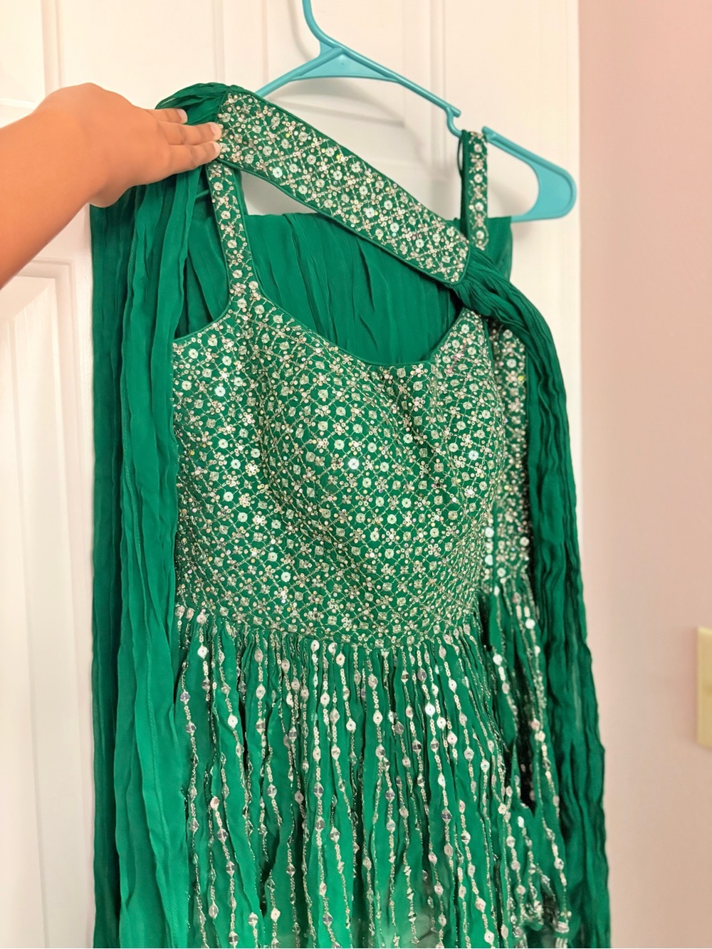 Embellished Green Ethnic Party Dress with Scarf